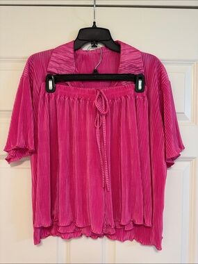 Amazon Hot Pink Pleated Short Sleeve Blouse and Short Set
